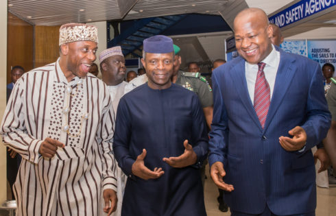 His Excellency Vice President Prof. Yemi Osinbajo, SAN with the Min. of Transportation, Rotimi Amaechi (L) and Speaker Nig. House of Rep., Hon. Yakuku Dogara (R) during the opening of the African Maritime Conference in Hilton, Abuja. 20th April 2017. Photo: Novo Isioro