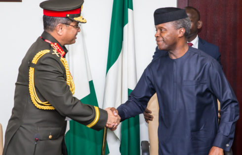 The Vice President, Prof. Yemi Osinbajo, SAN, receives Bangledesh Chief of Amy Staff, Gen. Abu Muhammad on behalf of President Muhammadu Buhari during a courtesy visit to the State House, Abuja. 25th April 2017. Photo: Novo Isioro