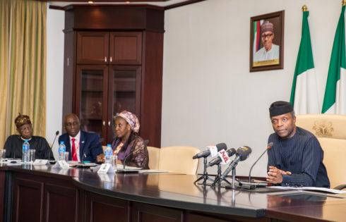 His Excellency the Vice President Prof. Yemi Osinbajo with Hon Min. of State for Industry, Trade and Investment Aisha Abubakar, NASME - Prince Orimadegun Agboade and Hon Min of Information, Alh Lai Muhammed during the inauguration of the National Council of MSME at the State House, Abuja. 25th April 2017. Photo: Novo Isioro