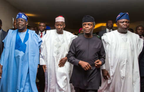 L-R: Bola Ahmed Tinubu; Gov Abdullahi Umar Ganduje of Kano State; H.E. Vice President Prof. Yemi Osinbajo; and Gov. Akinwunmi Ambode of Lagos State during the 9th Annual Bola Ahmed Tinubu Colloquium held in Lagos. 28th March. Photo: Novo Isioro.