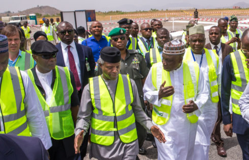 L-R: Vice President Prof. Osinbajo SAN; MD FAAN, Engr. Caleb Dunoma and DG NCAA Capt. Muhktar Usman during the Abuja airport runway inspection by the Vice President. 7th April 2017. Photo: Novo Isioro.