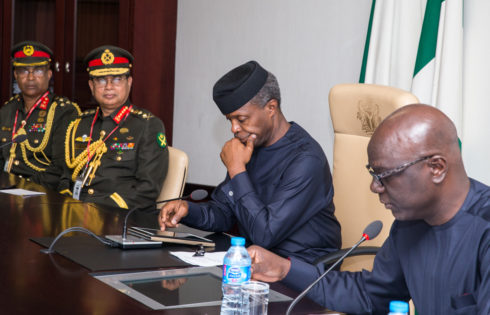 R-L: Deputy Chief of State (DCOS) Ade Ipaye; The Vice President, Prof. Yemi Osinbajo, SAN; Bangledesh Chief of Amy Staff, Gen. Abu Muhammad; and Brig. Gen. Mamun-ur-Rashid during the courtesy visit by the Bangladesh Chief of Amy Staff, State House, Abuja. 25th April 2017. Photo: Novo Isioro