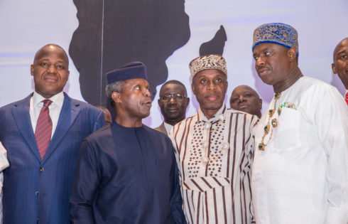 R-L: Speaker Nig. House of Rep., Hon. Yakuku Dogara; Vice President Prof. Yemi Osinbajo; Min. of Transportation, Rotimi Amaechi and Dr Dakuku Peterside, DG of the Nigerian Maritime and Safety Agency (NIMASA) during the opening of the African Maritime Conference in Hilton, Abuja. 20th April 2017. Photo: Novo Isioro