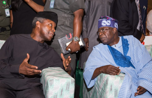 H.E. Vice President Prof. Yemi Osinbajo in a chat with Bola Ahmed Tinubu during the 9th Annual Bola Ahmed Tinubu Colloquium held in Lagos. 28th March. Photo: Novo Isioro.