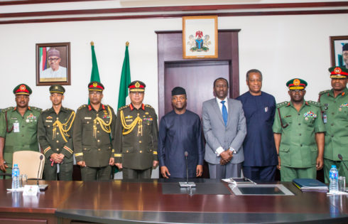 L-R: Maj. Gen. JS Malu; Maj. Gen. I. Ahmadu; Bangledesh Chief of Amy Staff, Gen. Abu Muhammad; Brig. Gen. Mamun-ur-Rashid; The Vice President Prof. Yemi Osinbajo, SAN (represented by the President); NSA, Maj. Gen. Babagana Mungonu; Min. of Foreign Affair - Geofery Onyeama; CDS - Gen. Gabriel Olonisakin; Rep of COAS- Maj. Gen. Chris Jemitola during during the courtesy visit by the Bangladesh Chief of Amy Staff, State House, Abuja. 25th April 2017. Photo: Novo Isioro.