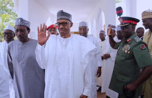 President Muhammadu Buhari with the National Security Adviser Major General, Babagana Monguno (Rtd) and Commander of Brigade of Guards, Brig Gen MS Yusuf after Juma'at prayer at the Aso Villa in Abuja. PHOTO; SUNDAY AGHAEZE. APRIL 21 2017.