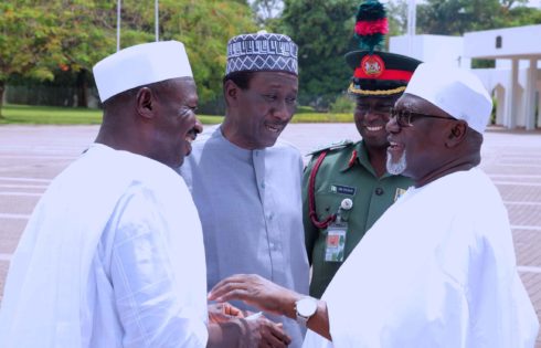 L-R; Acting Chairman EFCC, Ibrahim Magu, National Security Adviser  Major General, Babagana Monguno (Rtd), Commander of Brigade of Guards  Brig Gen MS Yusuf and Director General DSS, Lawan Daura in a chat after Juma'at prayer at the Aso Villa in Abuja. PHOTO; SUNDAY AGHAEZE. APRIL 21 2017..