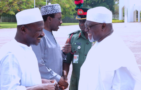 L-R; Acting Chairman EFCC, Ibrahim Magu, National Security Adviser  Major General, Babagana Monguno (Rtd), Commander of Brigade of Guards  Brig Gen MS Yusuf and Director General DSS, Lawan Daura and  in a chat after Juma'at prayer at the Aso Villa in Abuja. PHOTO; SUNDAY AGHAEZE. APRIL 21 2017.