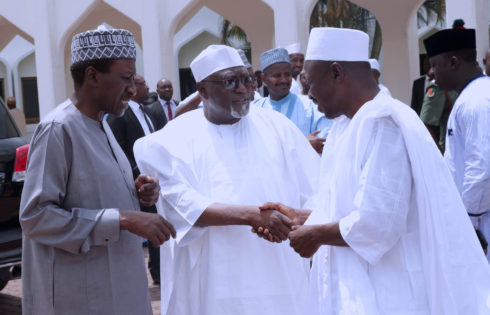 L-R; National Security Adviser Major-General, Babagana Monguno (Rtd), Director General DSS, Lawan Daura and Acting Chairman EFCC, Ibrahim Magu in a chat after Juma'at prayer at the Aso Villa in Abuja. PHOTO; SUNDAY AGHAEZE. APRIL 21 2017.