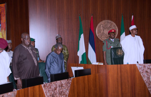  R-L; President Muhammadu Buhari, Vice President Yemi Osinbajo and SGF ENGR Babachir David Lawal during the Federal Executive council Meeting held at the Council Chamber of the State House in Abuja. PHOTO; SUNDAY AGHAEZE. MAR22 2017