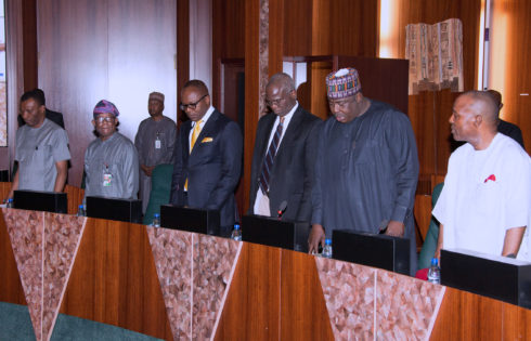 Cross Section of Ministers; L-R Minister of Niger Delta.Usani Uguru Usanu, Minister of State Niger Delta, Claudius Omoyele Daramola, Minister of State Petroleum Resources, Dr Emmanuel Ibe Kachukwu, Minister of Power Works and Housing, Babatunde Fashola, Minister of State Power, Alh Mustapha Shehuri and Minister of Science and Technology, Dr Ogbonnya Onu during the Federal Executive council Meeting held at the Council Chamber of the State House in Abuja. PHOTO; SUNDAY AGHAEZE. MAR22 2017.