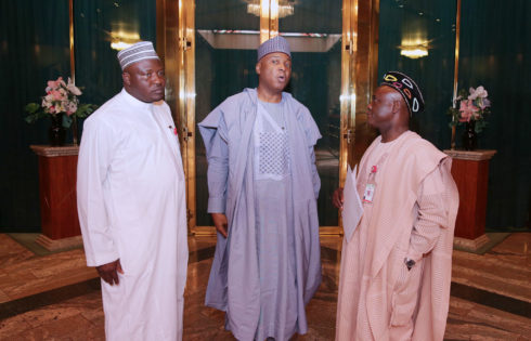 President of the Senate Dr Bukola Saraki with State House Correspondents after a meeting with President Muhammadu Buhari at the State House, Abuja. PHOTO; SUNDAY AGHAEZE. APR 3 2017