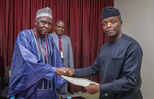 Vice President Prof. Yemi Osinbajo receives the message from the Special Envoy of the Prime Minister Brigi Rafini of Niger Republic in the person of Mr Issoufou Katambe at the State House, Abuja. 28th April 2017. Photo: Novo Isioro. 