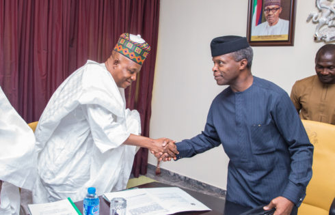 Acting President Yemi Osinbajo, SAN, with Governor of Borno State, Kashim Shettima during a meeting with the Boundary Commission at the State House, Abuja. 19th May 2017. Photo: Novo Isioro