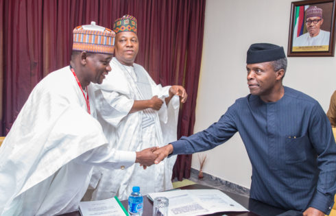 Acting President Yemi Osinbajo, with Hon. Ali Bukar, APC State Party Chairman, during a meeting with the Boundary Commission at the State House, Abuja. 19th May 2017. Photo: Novo Isioro