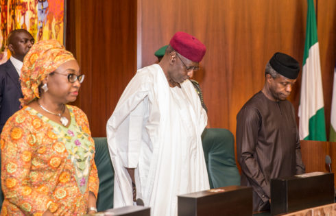 His Excellency Vice President Prof. Yemi Osinbajo; Chief of Staff to the President, Mallam Abba Kyari and the Head of Civil Service of the Federation Mrs. Winifred Oyo-Ita, as Vice President Prof. Yemi Osinbajo Presides over the FEC Meeting at the Council Chambers, State House, Abuja. 3rd May 2017. NOVO ISIORO.