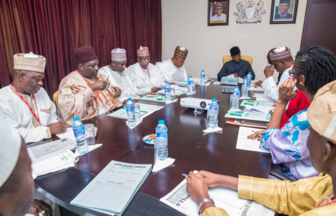 Acting President Yemi Osinbajo, with Governor of Borno State, Kashim Shettima; Hon. Ali Bukar, APC State Party Chairman; Hon Mohammed Sheriff, NASS; Ibrahim A. Kwajafa - BCDA and others during a meeting with the Boundary Commission at the State House, Abuja. 19th May 2017. Photo: Novo Isioro