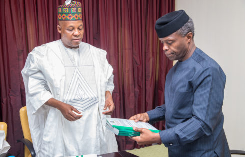 Acting President Yemi Osinbajo receives the project executed by the committee from Governor of Borno State, Kashim Shettima at the State House, Abuja. 19th May 2017. Photo: Novo Isioro.