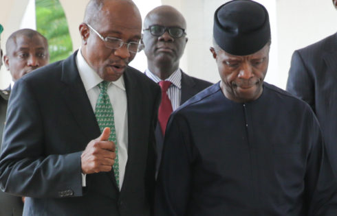 R-L; Acting President Yemi Osinbajo, Deputy Chief of Staff,  Dr. Ade Ipaye and CBN Governor, Mr Godwin Emefiele after the National Economic Council (NEC) Meeting held at the Council Chamber State House in Abuja. PHOTO; SUNDAY AGHAEZE. MAY 25 2017