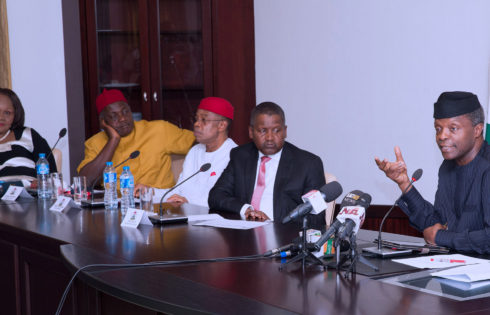 R-L; Acting President Yemi Osinbajo, President Aliko Group of Companies, Alhaji Aliko Dangote, President of the Manufacturers Association of Nigeria (MAN), Dr. Frank Udemba Jacobs, Group Chairman and Chief Executive Officer of Innoson Vehicles, Dr. Innocent Ifediaso Chukwuma and The CEO of Emzor Pharmaceutical, Stella Okoli during the Inauguration of Nigerian Industrial Policy and Competitiveness Advisory Council held at the State House in Abuja. PHOTO; SUNDAY AGHAEZE. MAY 30 2017