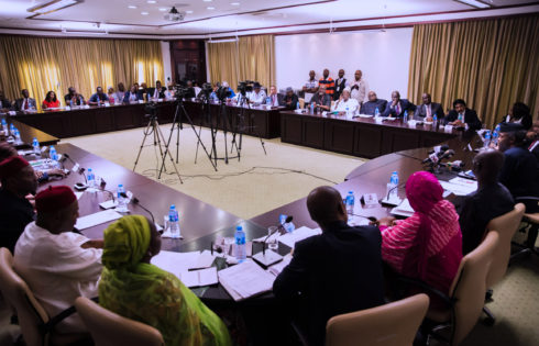 -L; Acting President Yemi Osinbajo, President Aliko Group of Companies, Alhaji Aliko Dangote, President of the Manufacturers Association of Nigeria (MAN), Dr. Frank Udemba Jacobs, Group Chairman and Chief Executive Officer of Innoson Vehicles, Dr. Innocent Ifediaso Chukwuma and The CEO of Emzor Pharmaceutical, Stella Okoli during the Inauguration of Nigerian Industrial Policy and Competitiveness Advisory Council held at the State House in Abuja. PHOTO; SUNDAY AGHAEZE. MAY 30 2017.