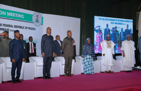 L-R;   Acting President Yemi Osinbajo, Minister of Industry Trade and Investment, Mr Okechukwu Enelamah, Minister of Foreign Affairs, Mr Geoffrey Onyeama, The acting Secretary to the Government of the Federation (SGF), Dr. Habiba Muda Lawal, Minister of State Environment, Alhaji Ibrahim Jibrin and Minister of Interior, Lt General Abdulrahman Dambazau during the Sensitization Meeting with Civil Servants on Executive Orders- Ease of Doing Business in Nigeria held at the International Conference Centre in Abuja. PHOTO; SUNDAY AGHAEZE. MAY 24 2017.