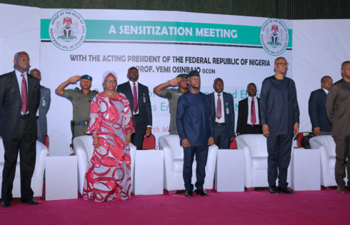 L-R;  Minister of Power, Works and Housing, Babatunde Fashola, Head of Civil Service, Mrs Winifred Oyo-Ita, Acting President Yemi Osinbajo, Minister of Industry Trade and Investment, Mr Okechukwu Enelamah, Minister of Foreign Affairs, Mr Geoffrey Onyeama during the Sensitization Meeting with Civil Servants on Executive Orders - Ease of Doing Business in Nigeria held at the International Conference Centre in Abuja. PHOTO; SUNDAY AGHAEZE. MAY 24 2017.