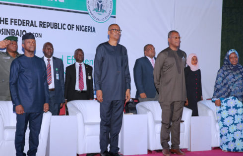 L-R; Acting President Yemi Osinbajo, Minister of Industry Trade and Investment, Mr Okechukwu Enelamah, Minister of Foreign Affairs, Mr Geoffrey Onyeama and The Acting Secretary to the Government of the Federation (SGF), Dr. Habiba Muda Lawal during the Sensitization Meeting with Civil Servants on Executive Orders - Ease of Doing Business in Nigeria held at the International Conference Centre in Abuja. PHOTO; SUNDAY AGHAEZE. MAY 24 2017.