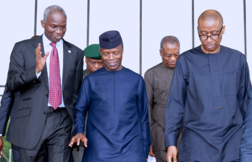 L-R; Minister of Power and Works and Housing Babatunde Fashola, Acting President Yemi Osinbajo and Minister of Industry Trade and Investment, Mr Okechukwu Enelamah after the Sensitization Meeting with Civil Servants on Executive Orders- Ease of Doing Business in Nigeria held at the International Conference Centre in Abuja. PHOTO; SUNDAY AGHAEZE. MAY 24 2017.