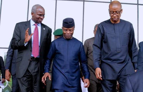 L-R; Minister of Power and Works and Housing Babatunde Fashola, Acting President Yemi Osinbajo and Minister of Industry Trade and Investment, Mr Okechukwu Enelamah after the Sensitization Meeting with Civil Servants on Executive Orders- Ease of Doing Business in Nigeria held at the International Conference Centre in Abuja. PHOTO; SUNDAY AGHAEZE. MAY 24 2017.