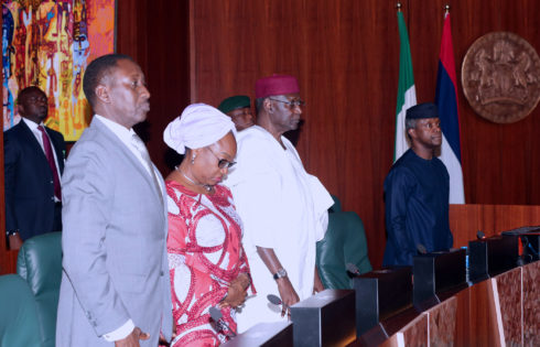 R-L; ONE MINUTE SILENT FOR CHANNEL TV LATE REPORTER CHUKWUMA ONUEKWUSI; Acting President Yemi Osinbajo, Chief of Staff, Mallam Abba KYARI, Head of Civil Service, Mrs. Winifred Oyo-Ita and NSA Major General Babagana Mongonu during the FEC Meeting held at the Council Chamber n Abuja. PHOTO; SUNDAY AGHAEZE. MAY 24 2017