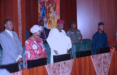 R-L; A Minute Silent for the late Channel TV Reporter Chukwuma OnuekwusI: Acting President Yemi Osinbajo, Chief of Staff, Mallam Abba KYARI, Head of Civil Service, Mrs. Winifred Oyo-Ita and NSA Major General Babagana Mongonu during the FEC Meeting held at the Council Chamber n Abuja. PHOTO; SUNDAY AGHAEZE. MAY 24 2017