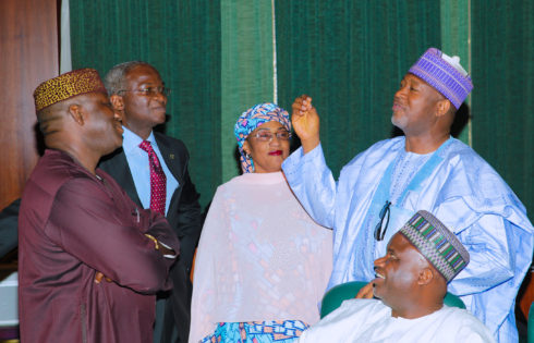  L-R; Minister of Mines and Steel, Dr Kayode Fayemi,  Minister of Power Works and Housing, Minister of Women Affairs, Senator Aisha Alhassan,  Minister of State Aviation, Sen Hadi Sirika and minister of State Mines Steel, Hon Abubakar Bawa Bwari during the FEC Meeting held at the Council Chamber n Abuja. PHOTO; SUNDAY AGHAEZE. MAY 24 2017