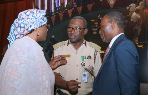 R-L; Minister of Niger Delta, Mr Usani Uguru Usani, Comptroller-General Immigration Service - CGIS, Mohammed Babandede and Minister of Women Affairs, Senator Aisha AL-Hassan during the FEC Meeting held at the Council Chamber n Abuja. PHOTO; SUNDAY AGHAEZE. MAY 24 2017