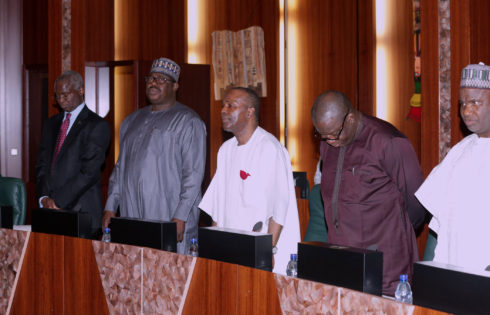 R-L; ONE Minute Silent for the Dead Channel Tv  Reporter Chukwuma Minister of Power Works and Housing, Minister of State Power, Alhaji Mustapha Shehuri, Minister of Science and Technology, Dr Ogbonnaya Onu, Minister of Mines as Steel, Dr Kayode Fayemi ad Minister of State Mines Steel, Hon Abubakar Bawa Bwari durig the FEC Meeting held at the Council Chamber n Abuja. PHOTO; SUNDAY AGHAEZE. MAY 24 2017