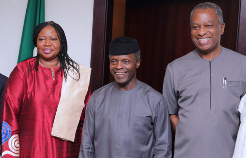 Minister of Foreign Affairs, Geoffrey Onyeama, Acting President Yemi Osinbajo, The Prosecutor of the International Criminal Court "ICC'), Mrs. Fatou Bensouda during a meeting at the State House in Abuja. PHOTO; SUNDAY AGHAEZE. MAY 26 2017.