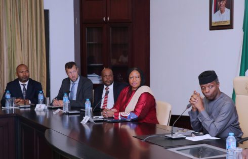 R-L;  Acting President Yemi Osinbajo, The Prosecutor of the International Criminal Court "ICC'), Mrs. Fatou Bensouda, Director Jurisdiction Complementarity and cooperation Division, Mr Phakiso Mochochoko, ICC Situation analyst, Mr Claus Molitor and Minister of Justice Mr Tanko Ashang during a meeting at the State House in Abuja. PHOTO; SUNDAY AGHAEZE. MAY 26 2017