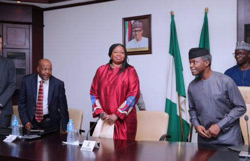 cting President Yemi Osinbajo, The Prosecutor of the International Criminal Court "ICC'), Mrs. Fatou Bensouda and ICC Director Jurisdiction Complementarity and cooperation Division, Mr Phakiso Mochochoko during a meeting at the State House in Abuja. PHOTO; SUNDAY AGHAEZE. MAY 26 2017