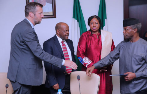 R-L;  Acting President Yemi Osinbajo, The Prosecutor of the International Criminal Court "ICC'), Mrs. Fatou Bensouda, Director Jurisdiction Complementarity and cooperation Division, Mr Phakiso Mochochoko and ICC Situation Analyst, Mr Claus Molitor during a meeting at the State House in Abuja. PHOTO; SUNDAY AGHAEZE. MAY 26 2017