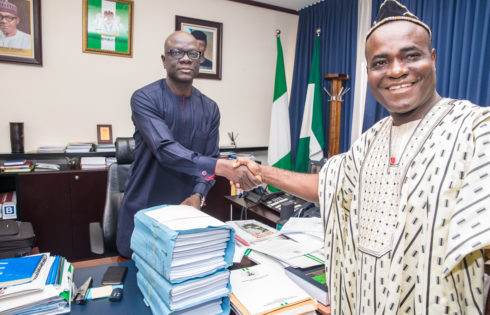 The Deputy Chief of Staff to the President, Mr. Ade Ipaye received earlier today the Appropriations Bill from the SSA to the President on National Matters, Sen. Ita Enang at the State House, Abuja. Photo: Novo Isioro