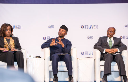 Hon. Min of Finance Kemi Adeosun; Ag President Yemi Osinbajo and CBN Governor, Godwin Emefiele at the on-going AFC Live panel of discussion in Abuja. 16th May 2017. Photo: Novo Isioro.