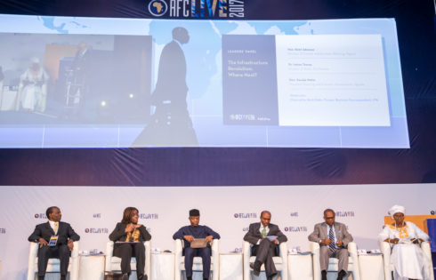 Hon. Kasaija Matia - President Planning & Econ. Dev. Uganda; Hon. Min. of Finance - Kemi Adeosun; Ag President Yemi Osinbajo; CBN Governor - Godwin Emefiele; Dr. Joseph Nnenna and Dr. Isatou Touray - Min. of Trade, The Gambia during AFC Live panel of discussion in Abuja. 16th May 2017. Photo: Novo Isioro. 