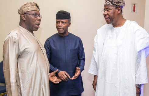 Former President of Nig. Olusegun Obasanjo; Ag. President Yemi Osinbajo; and Former President of Benin - Boni Yayi during the AFC 10th Anniversary, Abuja. 16th May 2017. Photo: Novo Isioro.