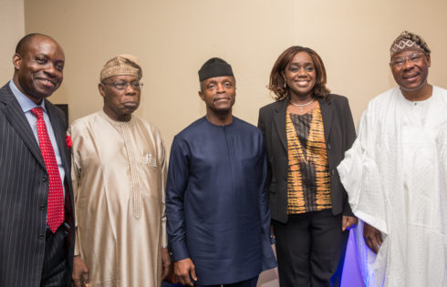 Prof. Charlse Soludo; Former President of Nig. Olusegun Obasanjo; Ag. President Yemi Osinbajo; Hon. Min of Finance - Kemi Adeosun; and Former President of Benin - Boni Yayi during the AFC 10th Anniversary, Abuja. 16th May 2017. Photo: Novo Isioro.