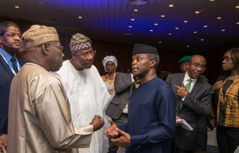 R-L: Ag. President Yemi Osinbajo; Former President of Benin - Boni Yayi and Former President of Nig. Olusegun Obasanjo; during the AFC 10th Anniversary, Abuja. 16th May 2017. Photo: Novo Isioro.