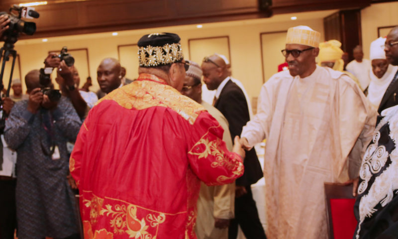 President Muhammadu Buhari receives National Council of Traditional Rulers on a Courtesy Visit at the State House in Abuja. PHOTO; SUNDAY AGHAEZE/STATE HOUSE IN ABUJA.