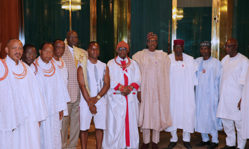 PRESIDENT BUHARI RECEIVES THE OBA OF BENIN EWUARE 11 AND DELEGATION. NOV 23 2017