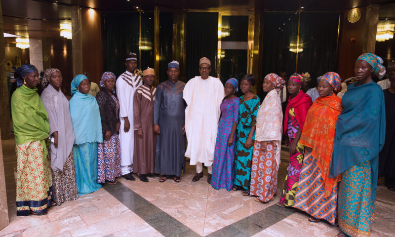 PRESIDENT BUHARI RECEIVES RESCUED THREE UNI LECTURERS AND TEN WOMEN. FEB 26 2018