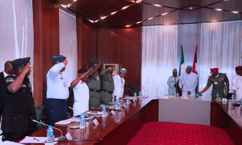 PRESIDENT BUHARI MEETS SECURITY CHIEFS. APRIL 4 2018