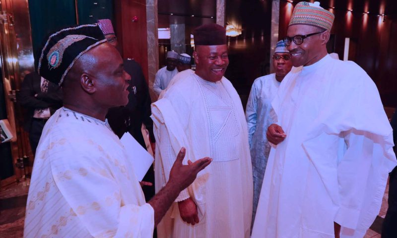 PRESIDENT BUHARI CHATS WITH MINORITY LEADER, AKPABIO AND SSAP ITA. MAY 22 2018